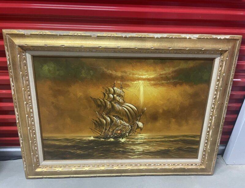 Antique Sail Boat Pirate Ship Painting Hand Carved Frame