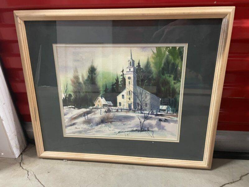 Vintage Architectural Church Landscape Watercolor Painting