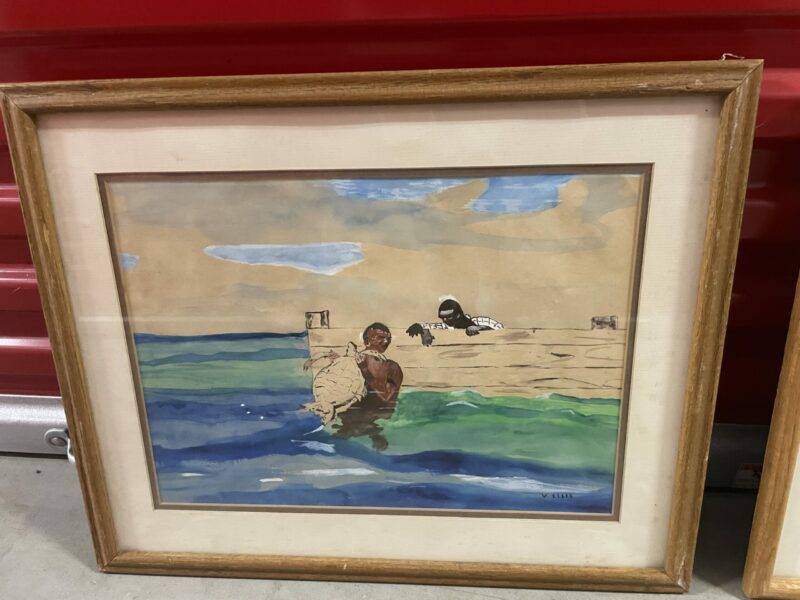 Antique Folk Art Style Native Fishing Watercolor Painting 24" x 36"