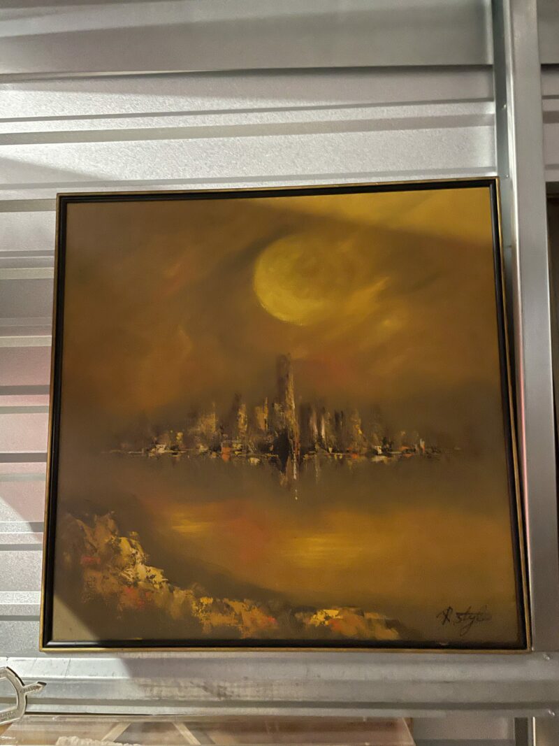 Orange Abstract Signed Cityscape Painting 3' x 3' - Image 2