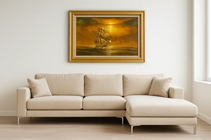 Antique Sail Boat Pirate Ship Painting Hand Carved Frame - Image 2