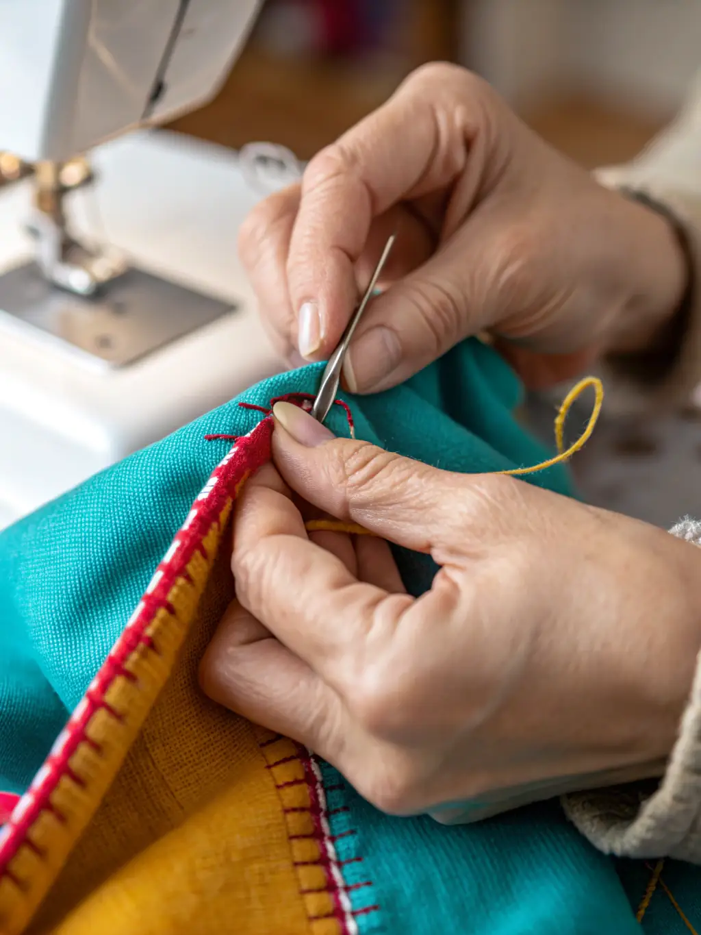 A close-up shot of a hand carefully stitching a unique patch onto a vintage denim jacket, showcasing the customization aspect of Curated Consumer's offerings.