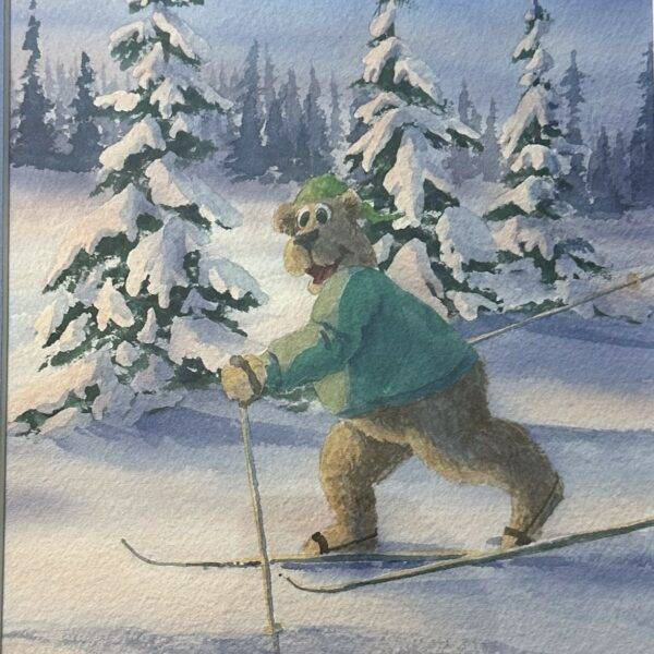Stephen Ortland Winter Bear Skiing Original Watercolor Painting 8" x 12"