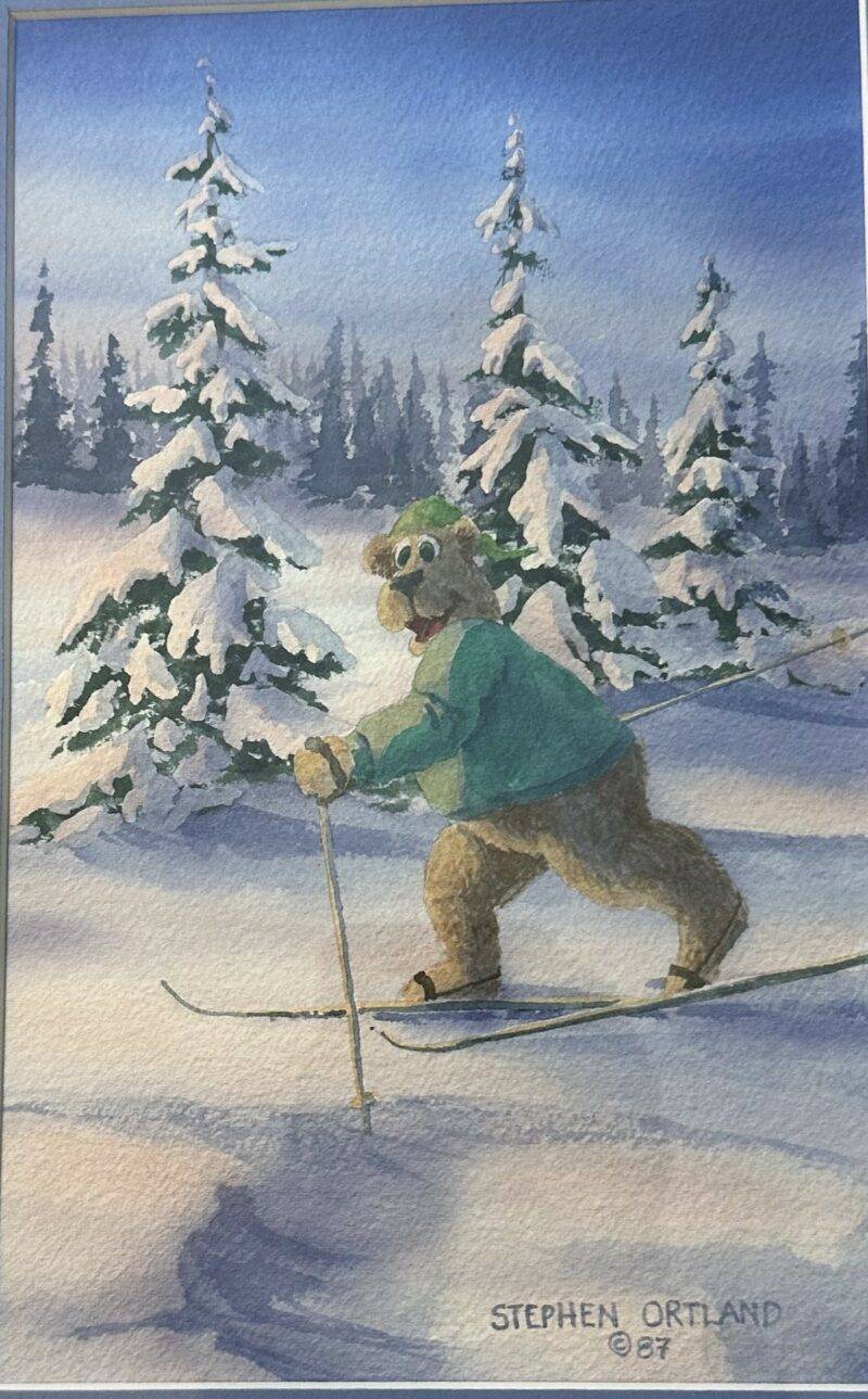 Stephen Ortland Winter Bear Skiing Original Watercolor Painting 8" x 12"