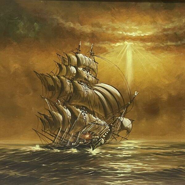 Antique Sail Boat Pirate Ship Painting Hand Carved Frame