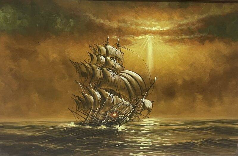 Antique Sail Boat Pirate Ship Painting Hand Carved Frame