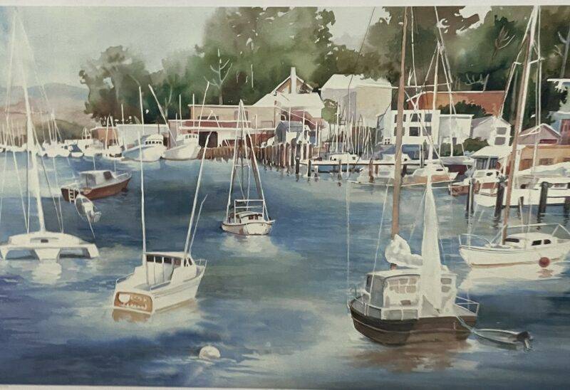 Uknown Signature - "Quiet Harbor" - Fishing Boats and Yachts on Water Signed Art Print 28" x 40"