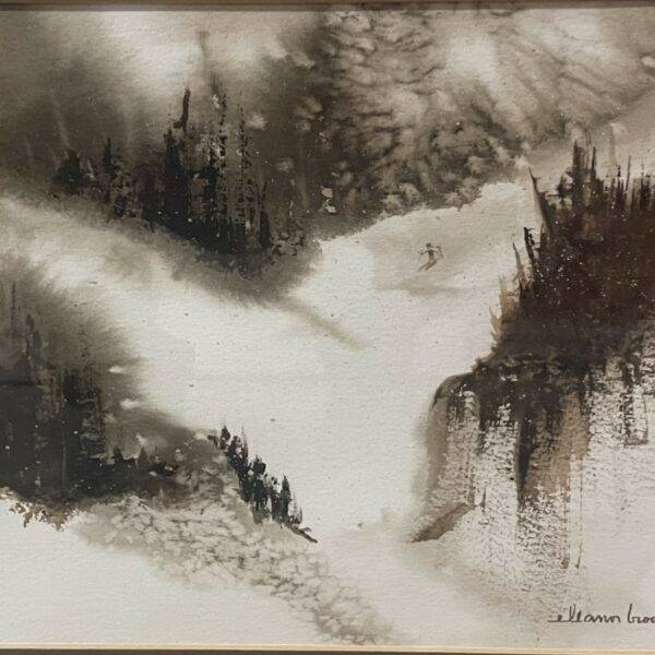 Signed Mountain Ski Slope Monochrome Watercolor Fine Art Painting 24 x 32