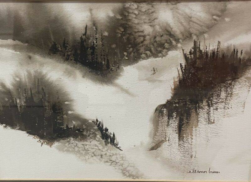 Signed Mountain Ski Slope Monochrome Watercolor Fine Art Painting 24 x 32