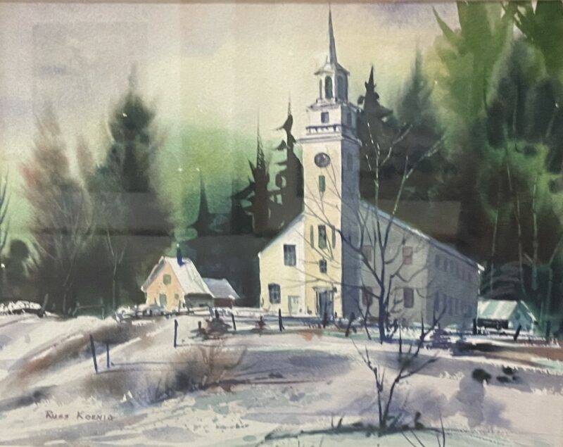 Vintage Architectural Church Landscape Watercolor Painting