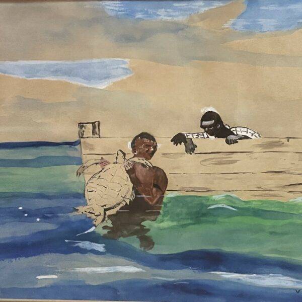 Antique Folk Art Style Native Fishing Watercolor Painting 24" x 36"