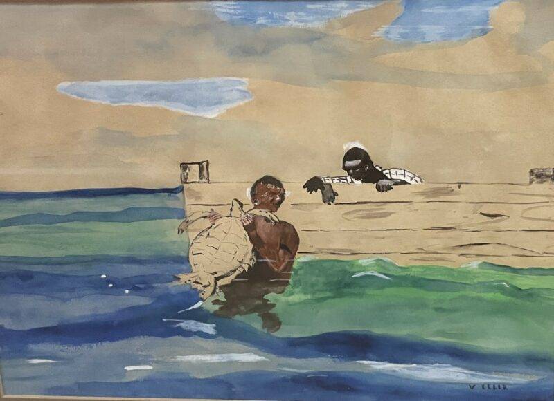 Antique Folk Art Style Native Fishing Watercolor Painting 24" x 36"