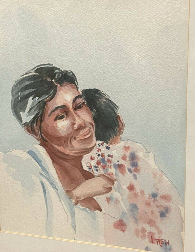 Vintage Watercolor Painting of Latin Mother with Child 1970's
