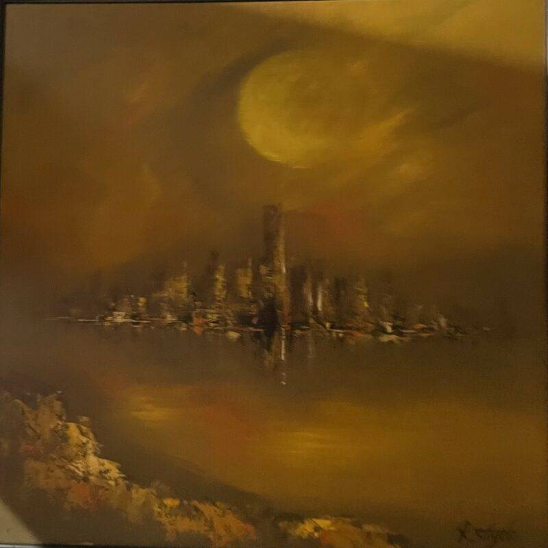 Orange Abstract Signed Cityscape Painting 3' x 3'